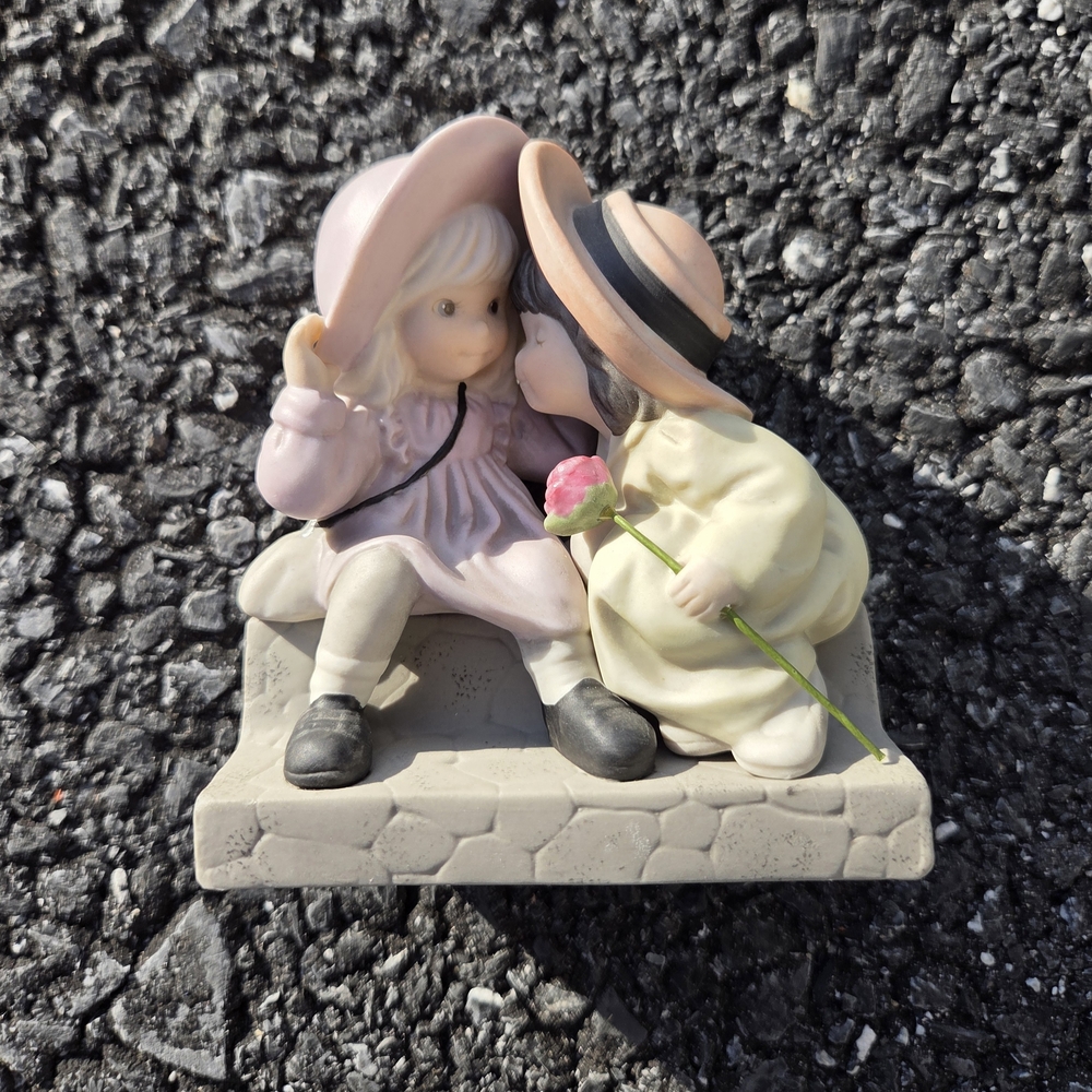 Vintage Style Porcelain Figurine of Two Girls with Pink Flower